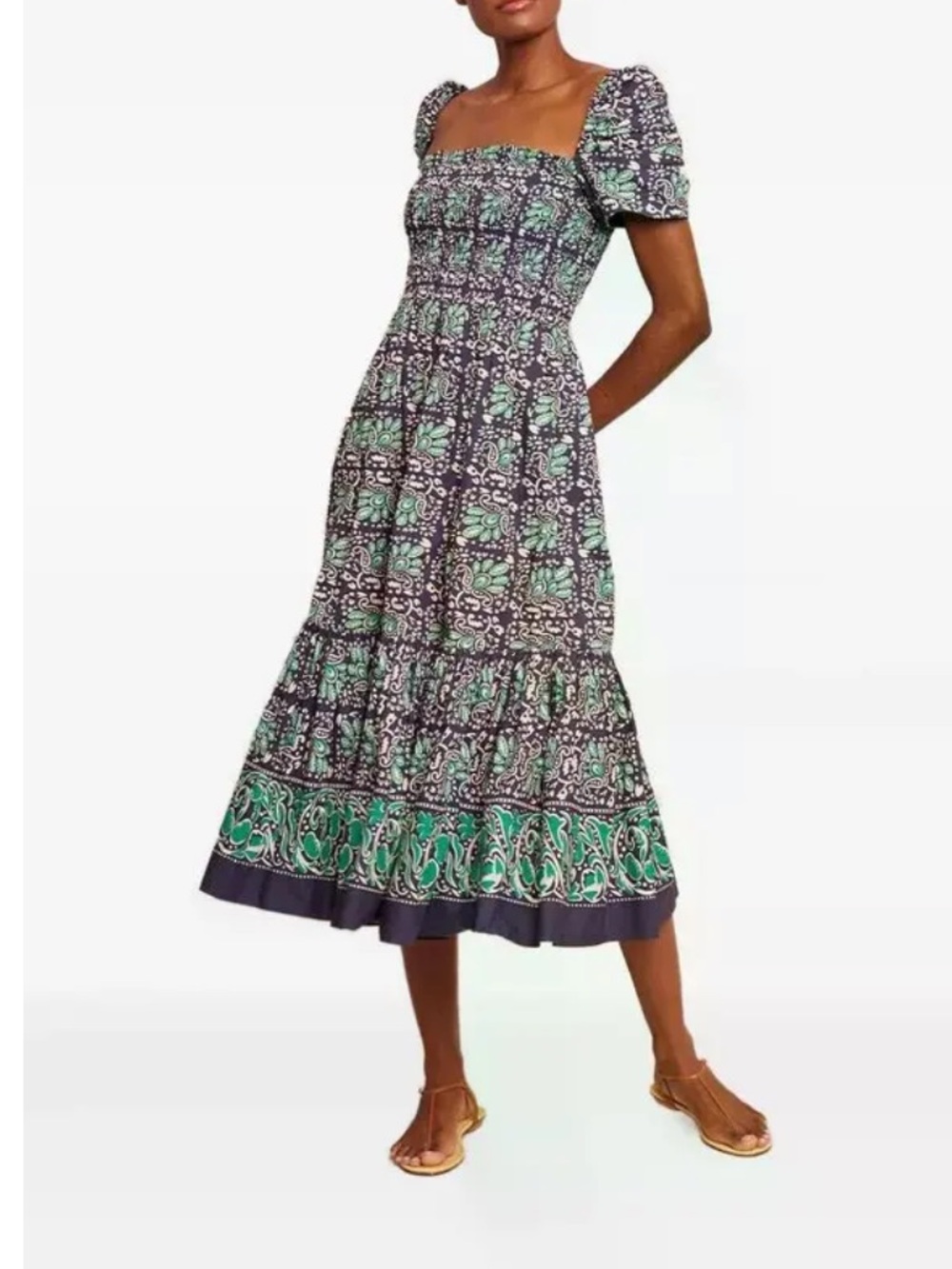 Cara Cara Green Patterned Puff-Sleeve Midi Dress